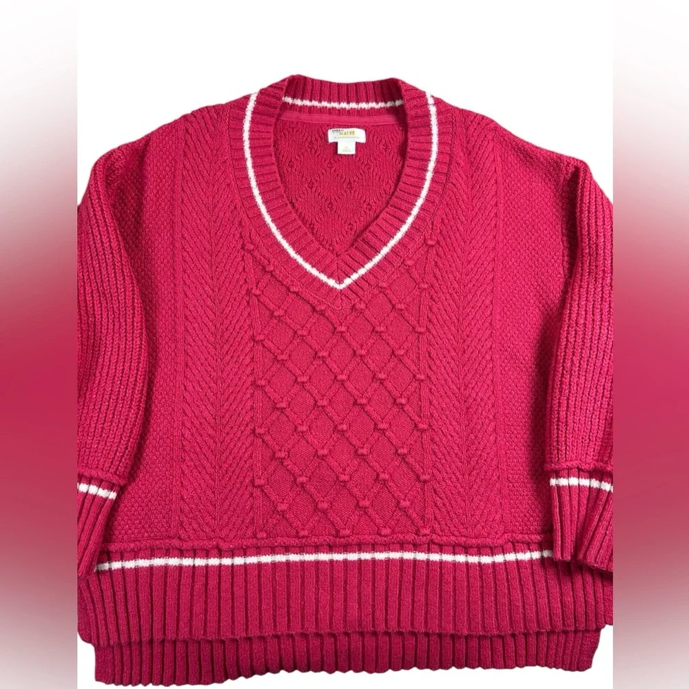 Anthropologie Maeve Tilly Varsity Cable Knit V-Neck Sweater Raspberry Pink 2X - Picture 11 of 11